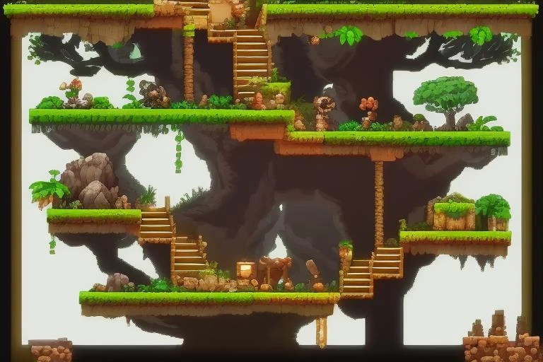 A platform game jungle, trees, blocks, rocks, chests, leathers, sideScroller, <lora:PlatformGame:1> platformer, sidescroller, gameplay, by eme, plant, stairs,
simple background, white background,