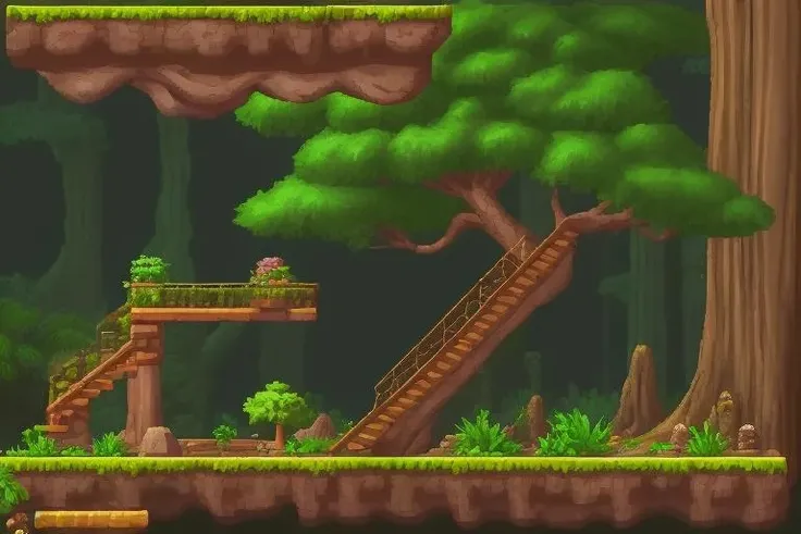 A platform game jungle, trees, blocks, rocks, chests, leathers,  sideScroller, <lora:PlatformGame:1> platformer, sidescroller, gameplay, by eme, plant, stairs,
simple background, white background,