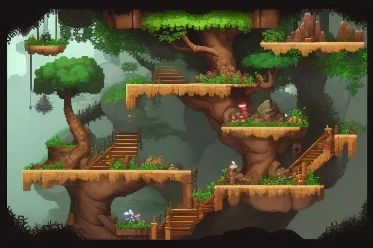 A platform game jungle, trees, blocks, rocks, chests, leathers, sideScroller, <lora:PlatformGame:1> platformer, sidescroller, gameplay, by eme, plant, stairs,
simple background, white background,