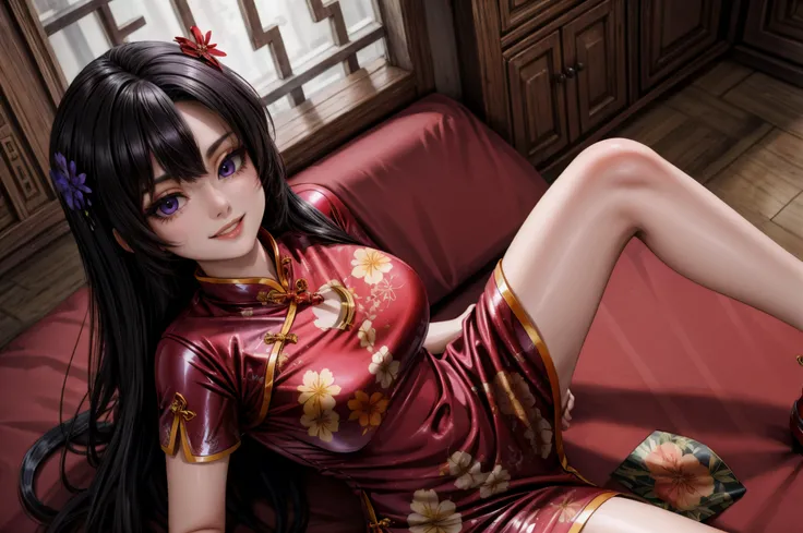 (masterpiece, best quality), beautiful female, long hair, black hair, purple eyes, light smile, <lora:Latex_Cheongsam_By_Stable_Yogi:0.8> latex floral chenongsam,
<lora:add_detail:1>