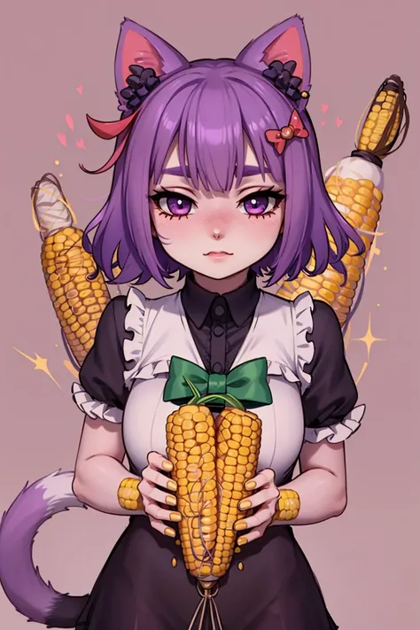 masterpiece, highest quality, cowboy shot, best quality, 1girl, solo, looking at viewer, (usst background:1.2),
embarassed, blush, frills, kemonomimi,
masunya, cat ears, (purple skin color:1.1), (hair bow:1.1), highly detailed, <lora:Masunya_masyunya_civit_V2:1>
(holding large corn:1.3),