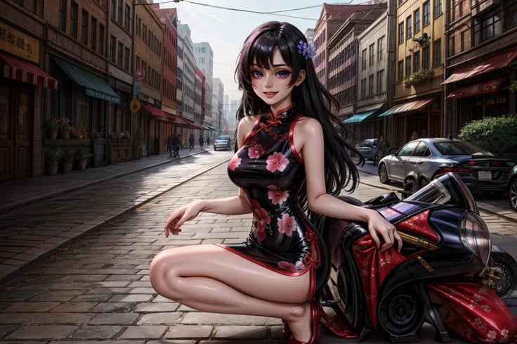 (masterpiece, best quality), beautiful female, long hair, black hair, purple eyes, light smile, <lora:Latex_Cheongsam_By_Stable_Yogi:0.8> latex floral chenongsam,
<lora:add_detail:1>