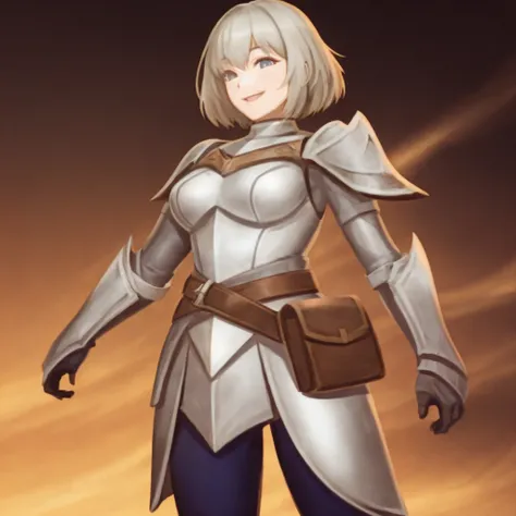 smile, happy, upper body, mature 1girl, armor, full_armor, gauntlets, greaves, simple background, short hair, shoulder armor, belt, belt pouch, 
  <lyco:Marker Illustration:0.9> <lyco:çå­ââLOLè£å¤å¾æ :0.6> hezi,
