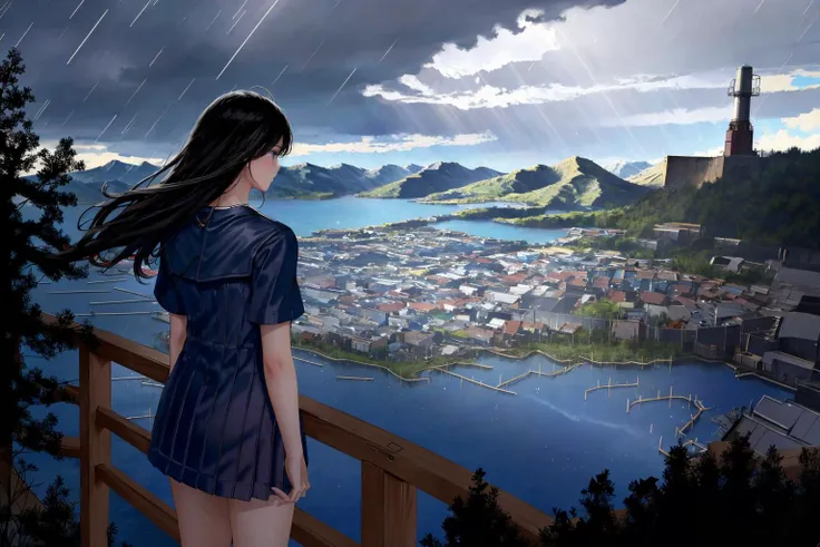 <lora:blues_20240115150616-000018:1> blues, dark scene, a girl standing alone in a thunderstorm viewed from behind, in front of a mountain landscape