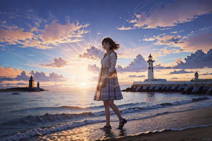 <lora:blues_20240115150616-000018:1> blues, 1girl, standing by a lighthouse at sunset