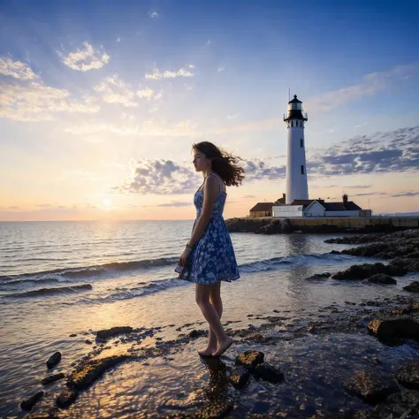<lora:blues_20240115150616-000018:1> blues, 1girl, standing by a lighthouse at sunset