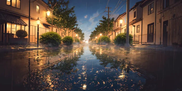 There is a puddle of water on the street in the middle of the street ...