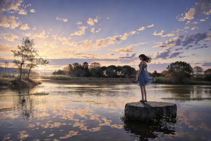 <lora:blues_20240115150616-000018:1> blues, 1girl, standing on a rock by a lake at sunset