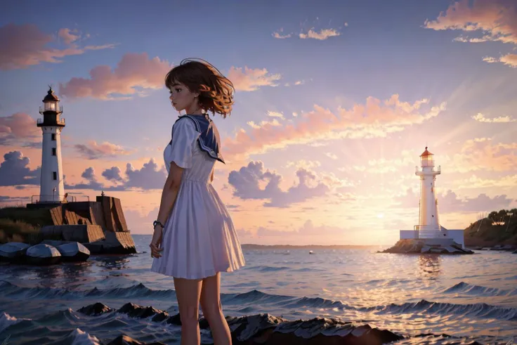 <lora:blues_20240115150616-000018:1> blues, 1girl, standing by a lighthouse at sunset