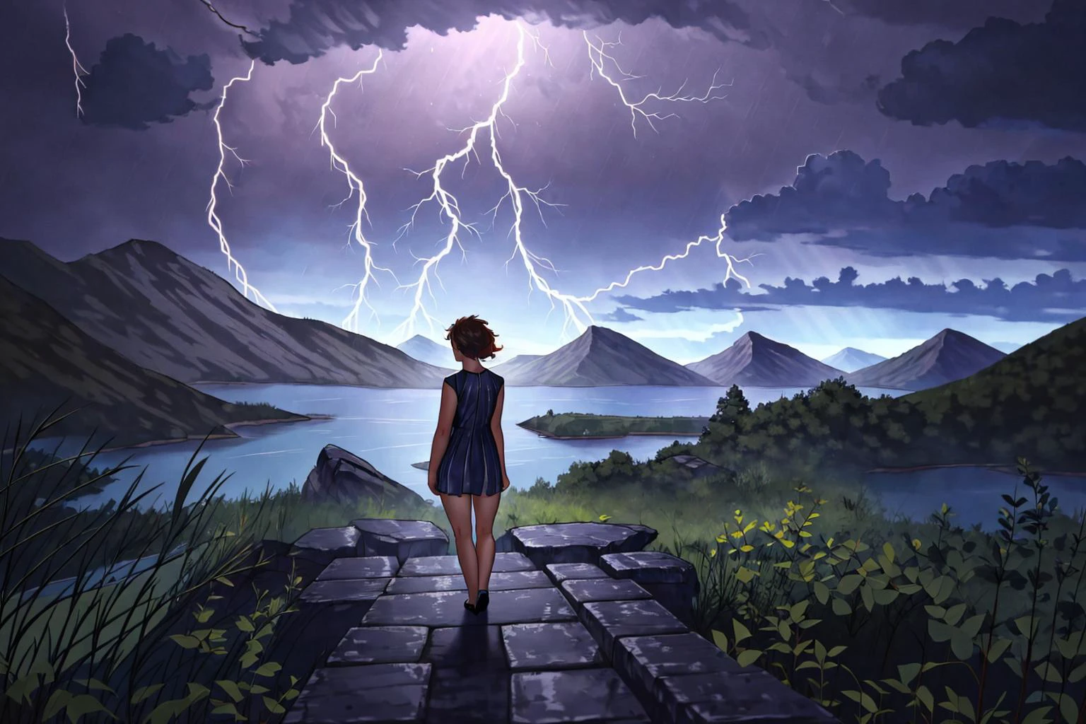 <lora:blues_20240115150616-000018:1> blues, dark scene, a girl standing alone in a thunderstorm viewed from behind, in front of a mountain landscape