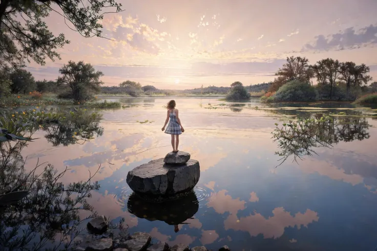 <lora:blues_20240115150616-000018:1> blues, 1girl, standing on a rock by a lake at sunset