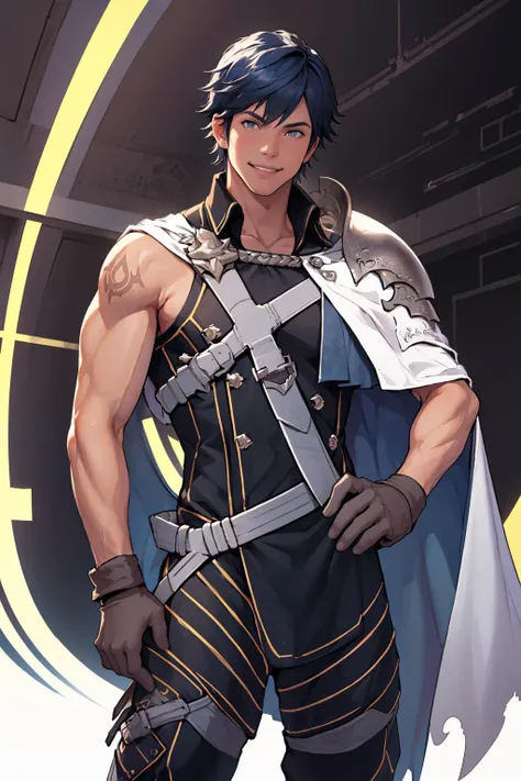 (masterpiece, best quality:1.2), solo, male focus, 1boy, chrom, tattoo, smile, looking at viewer, hand on hip, shoulder armor, cape, gloves <lora:fireemblem_chrom_v11-10:1>