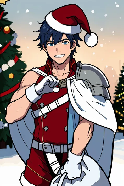 (masterpiece, best quality:1.2), solo, male focus, PadoruMeme, 1boy, holding sack, chrom, grin, looking at viewer, shoulder armor, cape, gloves <lora:fireemblem_chrom_v11-10:.75> santa hat, holding large sack, bag:1.2 presents, christmas tree,  <lora:PadoruMeme:0.6>, snow