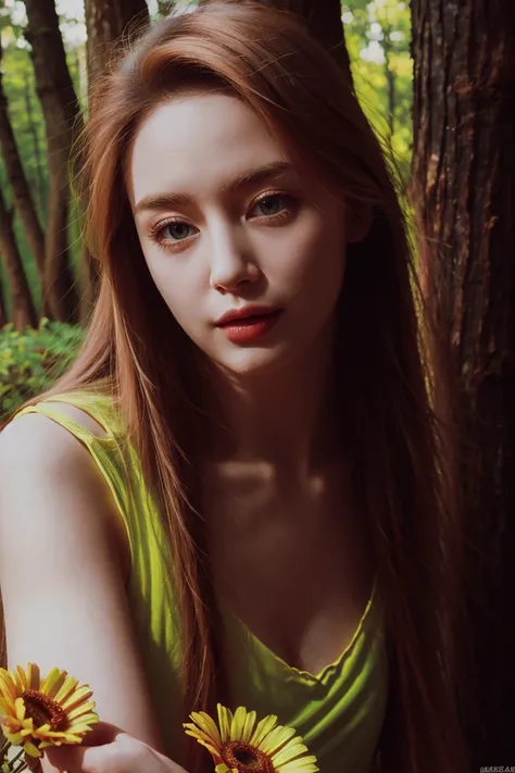 best quality, masterpiece, (photorealistic:1.4), Close up, 1 girl, upper body, Shine Hair, cute, flowers around, forest background, sweet girl, IDOL,  -- Face Details:1.7 -- <lora:MoosMST3:1> <lora:Kennedy-01:1>