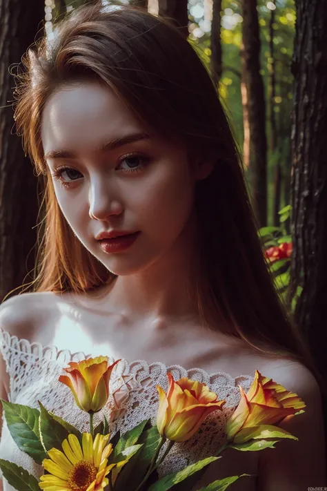 best quality, masterpiece, (photorealistic:1.4), Close up, 1 girl, upper body, Shine Hair, cute, flowers around, forest background, sweet girl, IDOL, -- Face Details:1.7 -- <lora:MoosMST3:1> <lora:Kennedy-01:1>