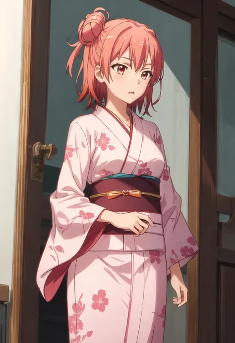 yuiyuigahama, yui yuigahama, short hair, (brown eyes:1.5), (pink hair:1.2), happy smile, smile, open your mouth,bun hair, single bun hair,off shoulder,bare shoulders,naked neck,bare clavicle, red gorgeous kimono,Red long skirt,white foot bag,tatami,sitting,sexy pose,
break indoors, Japanese style room,
break looking at viewer, (cowboy shot:1.5),
break (masterpiece:1.2), highest quality, High resolution, unity 8k wallpaper, (figure:0.8), (detailed and beautiful eyes:1.6), highly detailed face, perfect lighting, Very detailed CG, (perfect hands, perfect anatomy),