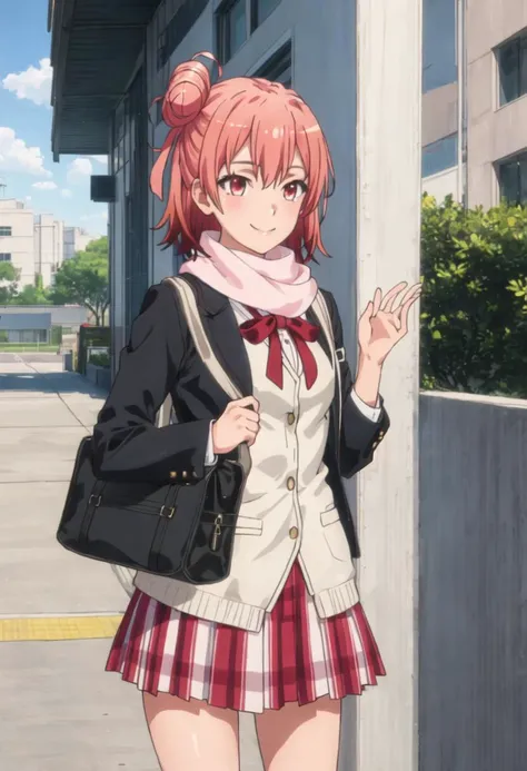 best quality, masterpiece, highres, solo, {yuigahama_yui_yahariorenoseishunlovecomewamachigatteiru:0.90}, 1girl, bag, pink_eyes, sobu_high_school_uniform, blazer, ribbon, smile, scarf
