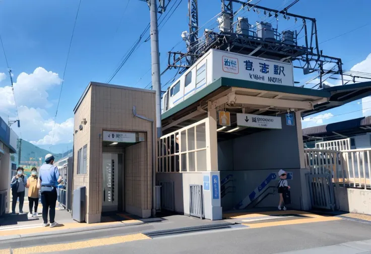 masterpiece, best quality, very aesthetic, absurdres,
kishieki_NORTH, scenery, outdoors, sky, sign, day, blue sky, building, cloud, power lines, railing, train, railroad tracks, english text
 <lora:kintetsu_kishi_eki_SDXL_V2:1>