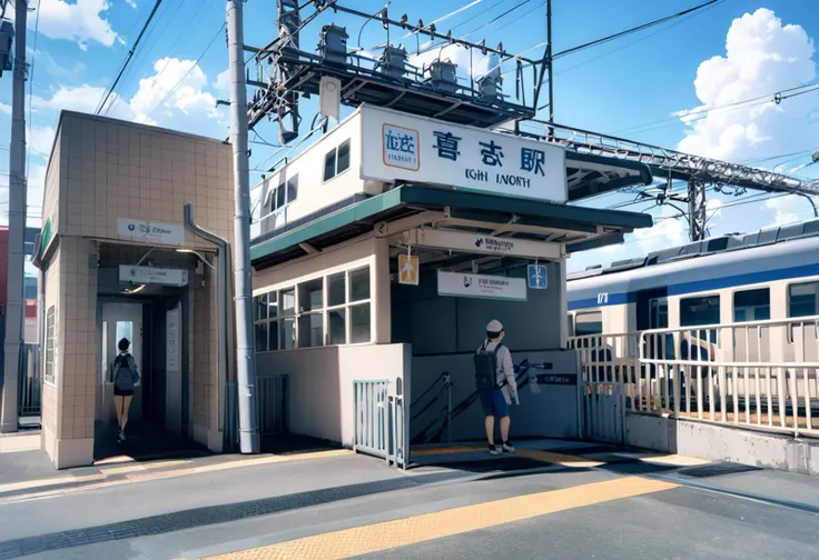 masterpiece, best quality, very aesthetic, absurdres,
kishieki_NORTH, scenery, outdoors, sky, sign, day, blue sky, building, cloud, power lines, railing, train, railroad tracks, english text
 <lora:kintetsu_kishi_eki_SDXL_V2:1>