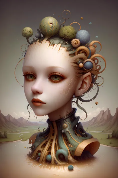 a head flying in the sky and turning into octopus with squids instead of hair, surrealistic landscape with a grassy area and a lake on the foreground and trees and mountain on the background, abstract shapes and dead black tree growing on the head while head flying in the sky, liquid flash, balls, 3D artwork by AIDA_NH_humans, surrealistic portrait in style of AIDA_NH_humans <lora:AIDA_NH_humans:1.14>, oil painting, impressionism, cyberpunk, isometric_dreams, kkw-ph1