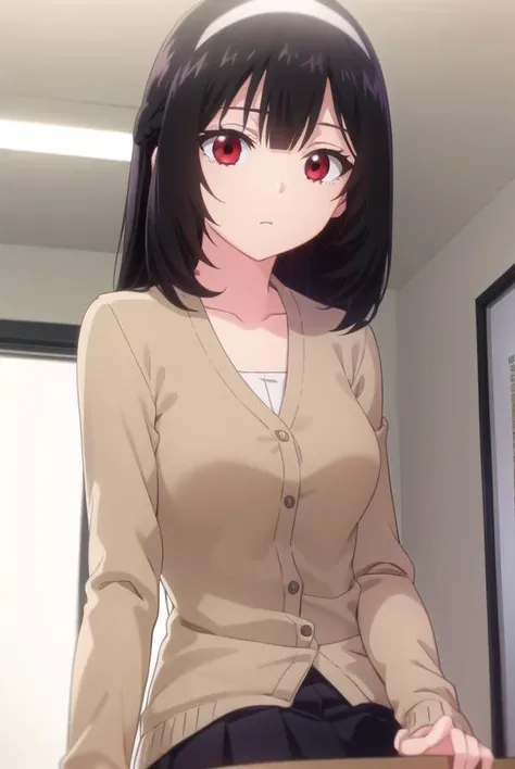 kareninukai, <lora:karen inukai s1-lora-nochekaiser:1>,
karen inukai, long hair, black hair, (red eyes:1.3),
BREAK skirt, school uniform, pleated skirt, hairband, black pantyhose, cardigan, white hairband,
BREAK indoors, classroom,
BREAK looking at viewer,
BREAK <lyco:GoodHands-beta2:1>, (masterpiece:1.2), best quality, high resolution, unity 8k wallpaper, (illustration:0.8), (beautiful detailed eyes:1.6), extremely detailed face, perfect lighting, extremely detailed CG, (perfect hands, perfect anatomy),