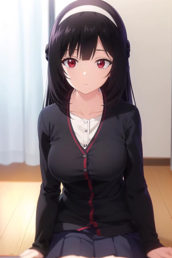 kareninukai, <lora:karen inukai s1-lora-nochekaiser:1>,
karen inukai, long hair, black hair, (red eyes:1.3),
BREAK skirt, school uniform, pleated skirt, hairband, black pantyhose, cardigan, white hairband,
BREAK indoors, classroom,
BREAK looking at viewer,
BREAK <lyco:GoodHands-beta2:1>, (masterpiece:1.2), best quality, high resolution, unity 8k wallpaper, (illustration:0.8), (beautiful detailed eyes:1.6), extremely detailed face, perfect lighting, extremely detailed CG, (perfect hands, perfect anatomy),