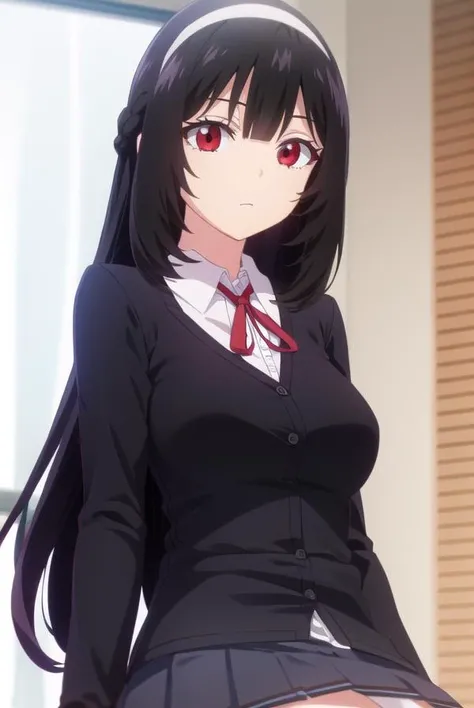 kareninukai, <lora:karen inukai s1-lora-nochekaiser:1>,
karen inukai, long hair, black hair, (red eyes:1.3),
BREAK skirt, school uniform, pleated skirt, hairband, black pantyhose, cardigan, white hairband,
BREAK indoors, classroom,
BREAK looking at viewer,
BREAK <lyco:GoodHands-beta2:1>, (masterpiece:1.2), best quality, high resolution, unity 8k wallpaper, (illustration:0.8), (beautiful detailed eyes:1.6), extremely detailed face, perfect lighting, extremely detailed CG, (perfect hands, perfect anatomy),