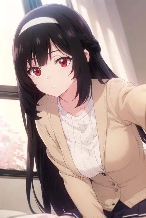 kareninukai, <lora:karen inukai s1-lora-nochekaiser:1>,
karen inukai, long hair, black hair, (red eyes:1.3),
BREAK skirt, school uniform, pleated skirt, hairband, black pantyhose, cardigan, white hairband,
BREAK indoors, classroom,
BREAK looking at viewer,
BREAK <lyco:GoodHands-beta2:1>, (masterpiece:1.2), best quality, high resolution, unity 8k wallpaper, (illustration:0.8), (beautiful detailed eyes:1.6), extremely detailed face, perfect lighting, extremely detailed CG, (perfect hands, perfect anatomy),