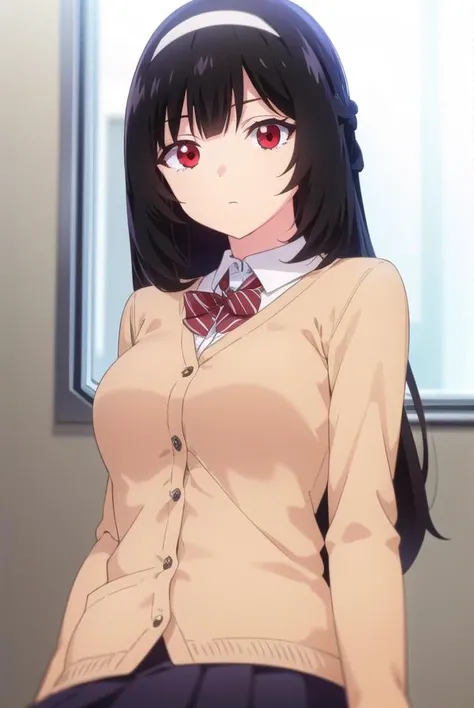 kareninukai, <lora:karen inukai s1-lora-nochekaiser:1>,
karen inukai, long hair, black hair, (red eyes:1.3),
BREAK skirt, school uniform, pleated skirt, hairband, black pantyhose, cardigan, white hairband,
BREAK indoors, classroom,
BREAK looking at viewer,
BREAK <lyco:GoodHands-beta2:1>, (masterpiece:1.2), best quality, high resolution, unity 8k wallpaper, (illustration:0.8), (beautiful detailed eyes:1.6), extremely detailed face, perfect lighting, extremely detailed CG, (perfect hands, perfect anatomy),