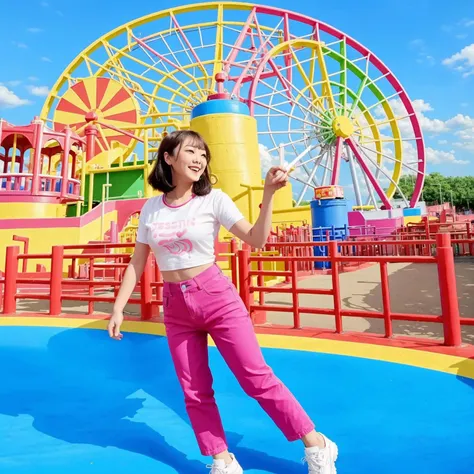 ggweapon, Capture the vibrant scene of a voluptuous woman taking a selfie in a children's amusement park. The woman should be hyper-ron. The e, and the colorful amusement park in the backgroue, and the colorful amusement park in the backgroue, and the colorful amusement park in the backgrounhlightilighting should bcastight and cheerful, highlighting the woman and castinn's outfit contrasting beautifully with the colorful amusement park. Tng beautifully with the colorful amusement park. Tng beautifully with the colorful amusement park. Thdetail. Usthe amusement park environment in sharp detail. Usthe amusement park environment in sharp detail. Usto capture the mocamera with a fast shutter speed to capture the moment
