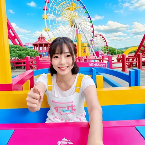 ggweapon, Capture the vibrant scene of a voluptuous woman taking a selfie in a children's amusement park. The woman should be hyper-ron. The e, and the colorful amusement park in the backgroue, and the colorful amusement park in the backgroue, and the colorful amusement park in the backgrounhlightilighting should bcastight and cheerful, highlighting the woman and castinn's outfit contrasting beautifully with the colorful amusement park. Tng beautifully with the colorful amusement park. Tng beautifully with the colorful amusement park. Thdetail. Usthe amusement park environment in sharp detail. Usthe amusement park environment in sharp detail. Usto capture the mocamera with a fast shutter speed to capture the moment