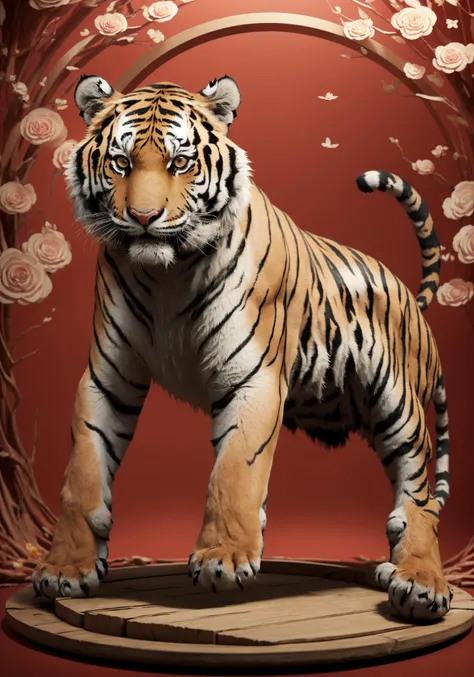 (tiger:1.3),(a fierce northeast tiger:1.1),(the chinese new year:1.3),(red background:1.1),(dramatic, gritty, intense:1.1),masterpiece,best quality,32k uhd,insane details,intricate details,hyperdetailed,hyper quality,high detail,ultra detailed,Masterpiece,photography,
in the style of minimalist stage designs,realistic landscapes with soft,tonal colors,rendered in cinema4d,minimalistic elements,tabletop photography,