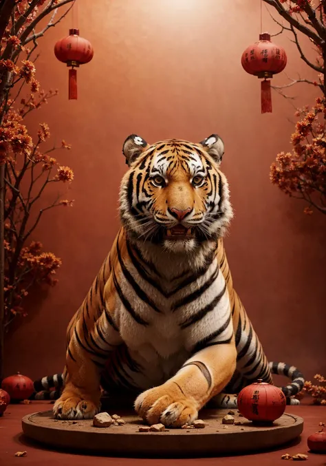 (tiger:1.3),(a fierce northeast tiger:1.1),(the chinese new year:1.3),(red background:1.1),(dramatic, gritty, intense:1.1),masterpiece,best quality,32k uhd,insane details,intricate details,hyperdetailed,hyper quality,high detail,ultra detailed,Masterpiece,photography,
in the style of minimalist stage designs,realistic landscapes with soft,tonal colors,rendered in cinema4d,minimalistic elements,tabletop photography,