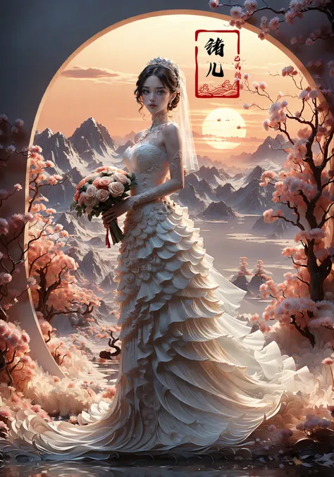(dramatic, gritty, intense:1.4),masterpiece, best quality, 32k uhd, insane details, intricate details, hyperdetailed, hyper quality, high detail, ultra detailed, Masterpiece(Sunset, dusk:1.5)
1girl, solo, (full body:1.5),(long legs:1.3), (Slim body:1.1), (bridal veilwedding dress:1.3)(hand tied bouquet:1.2)
A shot with tension(sky glows red,Visual impact,giving the poster a dynamic and visually striking appearance:1.2),Chinese Zen style,impactful picture,
<lora:~Q?hLbdD_q-photography:1>