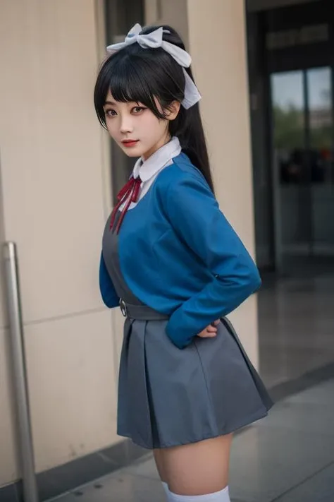 ultra-detailed,highly detailed,best quality,masterpiece,illustration,
1girl, solo,hazuki ren,cosplay,
black hair,long hair,high ponytail, white hair bow, blunt bangs,
yuigaoka school uniform,school uniform, blue jacket, red neck ribbon, black loafers, white socks, long sleeves, white collared shirt, grey dress, open jacket, pinafore dress,
cowboy shot,
<lora:hazuki ren_v1_04:0.7>