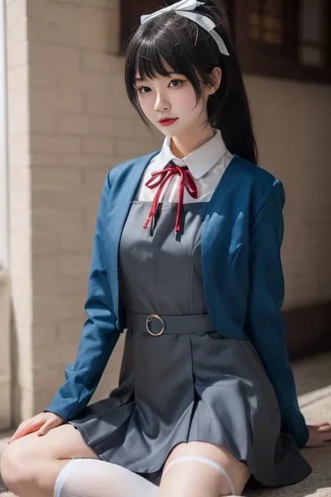 ultra-detailed,highly detailed,best quality,masterpiece,illustration,
1girl, solo,hazuki ren,cosplay,
black hair,long hair,high ponytail, white hair bow, blunt bangs,
yuigaoka school uniform,school uniform, blue jacket, red neck ribbon, black loafers, white socks, long sleeves, white collared shirt, grey dress, open jacket, pinafore dress,
cowboy shot, 
<lora:hazuki ren_v1_04:0.7>