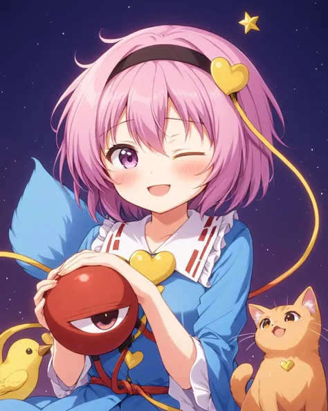 komeiji satori,1girl, one_eye_closed, cat, heart, hairband, open_mouth, smile, bird, bow, third_eye, animal, blush
<lora:komeiji_satori_image6571_2023-12-17-000006:1>,star-shaped_pupils,symbol-shaped_pupils,. gorgeous,key visual, vibrant, studio anime,award-winning, professional, highly detailed,high budget, cinemascope