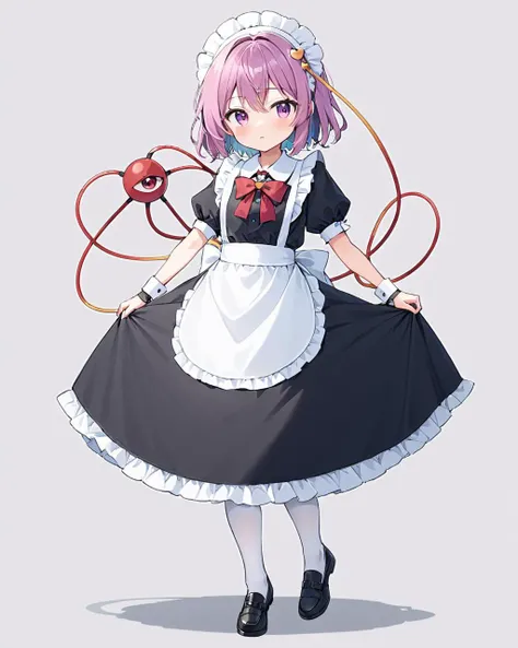 komeiji satori,1girl, solo, heart_hair_ornament, enmaided, white_background, blush, third_eye, looking_at_viewer, hand_up, white_apron, black_footwear, black_dress, maid_headdress, wrist_cuffs, simple_background, puffy_short_sleeves, frilled_apron, maid_apron, petticoat, red_bowtie, parted_lips, shoes, white_pantyhose, shadow, hairband, wariza, arm_behind_back, full_body, waist_apron, frilled_shirt_collar
<lora:komeiji_satori_image6571_2023-12-17-000006:1>,star-shaped_pupils,symbol-shaped_pupils,. gorgeous,key visual, vibrant, studio anime,award-winning, professional, highly detailed,high budget, cinemascope