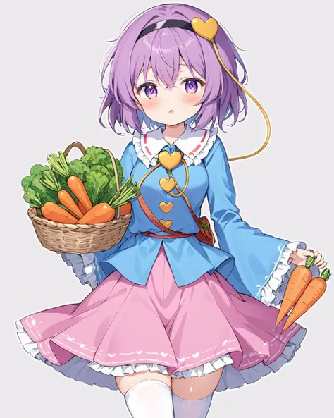 komeiji satori,1girl, solo, third_eye, pink_skirt, long_sleeves, white_background, frilled_shirt_collar, simple_background, blue_shirt, frilled_sleeves, holding_basket, wide_sleeves, blush, heart_hair_ornament, vegetable, carrot, looking_at_viewer, white_thighhighs, blouse, english_text, ribbon_trim, holding_food, black_hairband, twitter_username, cowboy_shot, sweatdrop, frilled_skirt, open_mouth, eyeball
<lora:komeiji_satori_image6571_2023-12-17-000006:1>,star-shaped_pupils,symbol-shaped_pupils,. gorgeous,key visual, vibrant, studio anime,award-winning, professional, highly detailed,high budget, cinemascope