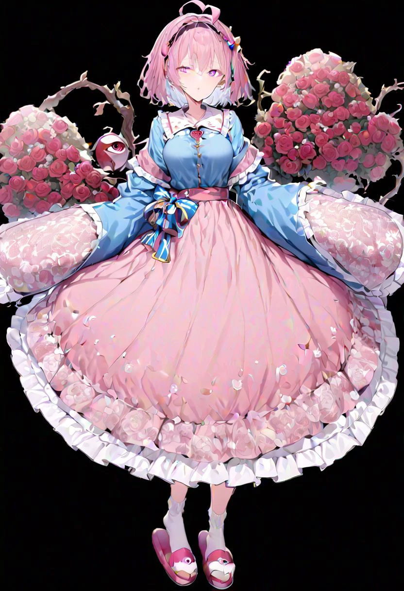 masterpiece, best quality, ultra-detailed, beautiful, nai3, 1girl, solo, full_body, tachi-e,
((komeiji_satori)):2, 1girl, too_many_lace, lace, ahoge, pink hair, pink eyes, short hair, hairband, frilled shirt collar, blue shirt, heart, third eye, eyeball,
third eye, hairband, shirt, frilled shirt collar, frilled sleeves, wide sleeves, pink skirt,
messy_hair, purple_eyes, red_eyes,
pink skirt, floral print, long sleeves, wide sleeves, sleeves past wrists, long_skirt, frilled_skirt, rose_print, white_legwear, bobby_socks, socks, red_footwear, pink_footwear, slippers