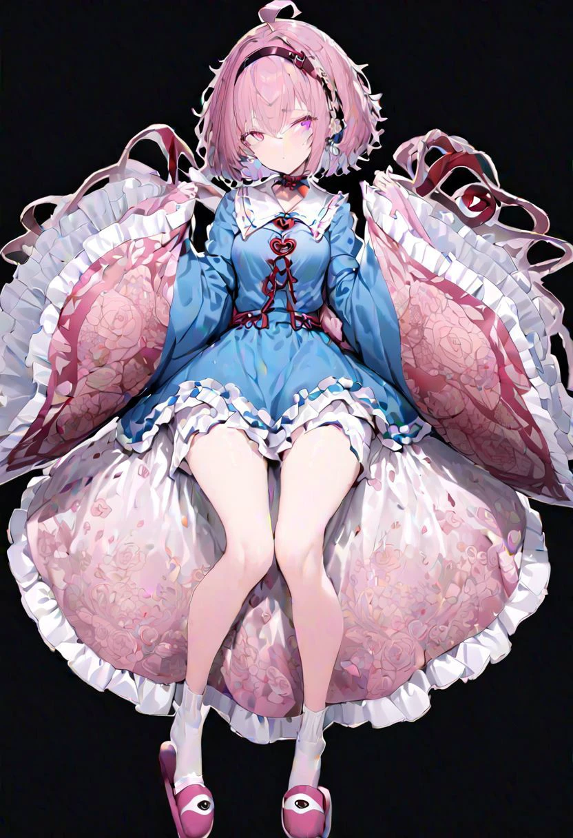 masterpiece, best quality, ultra-detailed, beautiful, nai3, 1girl, solo, full_body, tachi-e,
((komeiji_satori)):2, 1girl, too_many_lace, lace, ahoge, pink hair, pink eyes, short hair, hairband, frilled shirt collar, blue shirt, heart, third eye, eyeball,
third eye, hairband, shirt, frilled shirt collar, frilled sleeves, wide sleeves, pink skirt,
messy_hair, purple_eyes, red_eyes,
pink skirt, floral print, long sleeves, wide sleeves, sleeves past wrists, long_skirt, frilled_skirt, rose_print, white_legwear, bobby_socks, socks, red_footwear, pink_footwear, slippers