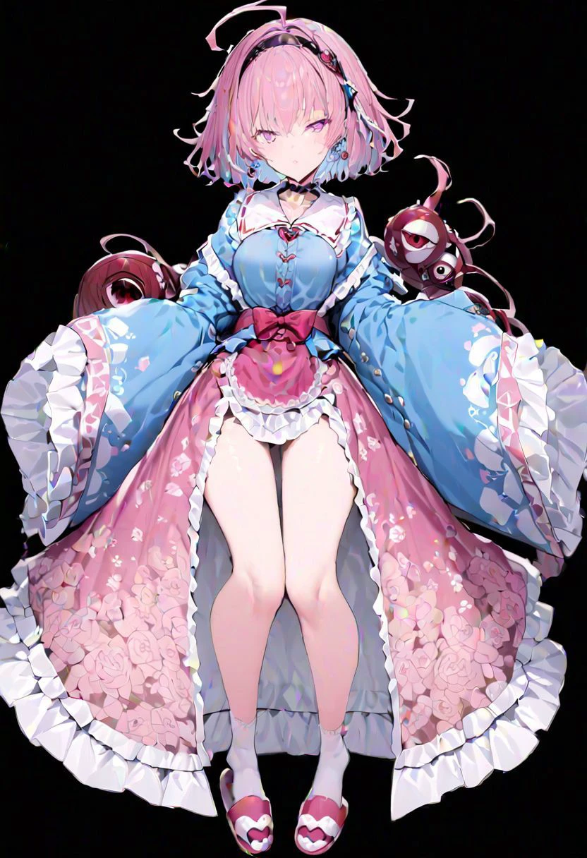 masterpiece, best quality, ultra-detailed, beautiful, nai3, 1girl, solo, full_body, tachi-e,
((komeiji_satori)):2, 1girl, too_many_lace, lace, ahoge, pink hair, pink eyes, short hair, hairband, frilled shirt collar, blue shirt, heart, third eye, eyeball,
third eye, hairband, shirt, frilled shirt collar, frilled sleeves, wide sleeves, pink skirt,
messy_hair, purple_eyes, red_eyes,
pink skirt, floral print, long sleeves, wide sleeves, sleeves past wrists, long_skirt, frilled_skirt, rose_print, white_legwear, bobby_socks, socks, red_footwear, pink_footwear, slippers