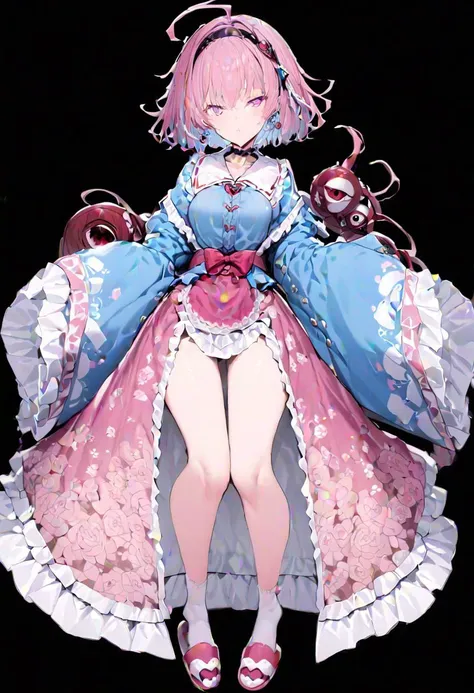 masterpiece, best quality, ultra-detailed, beautiful, nai3, 1girl, solo, full_body, tachi-e, 
((komeiji_satori)):2, 1girl, too_many_lace, lace, ahoge, pink hair, pink eyes, short hair, hairband, frilled shirt collar, blue shirt, heart, third eye, eyeball, 
third eye, hairband, shirt, frilled shirt collar, frilled sleeves, wide sleeves, pink skirt, 
messy_hair, purple_eyes, red_eyes, 
pink skirt, floral print, long sleeves, wide sleeves, sleeves past wrists, long_skirt, frilled_skirt, rose_print, white_legwear, bobby_socks, socks, red_footwear, pink_footwear, slippers