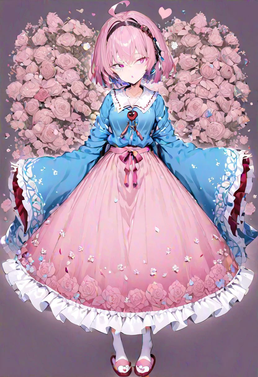 masterpiece, best quality, ultra-detailed, beautiful, nai3, 1girl, solo, full_body, tachi-e,
((komeiji_satori)):2, 1girl, too_many_lace, lace, ahoge, pink hair, pink eyes, short hair, hairband, frilled shirt collar, blue shirt, heart, third eye, eyeball,
third eye, hairband, shirt, frilled shirt collar, frilled sleeves, wide sleeves, pink skirt,
messy_hair, purple_eyes, red_eyes,
pink skirt, floral print, long sleeves, wide sleeves, sleeves past wrists, long_skirt, frilled_skirt, rose_print, white_legwear, bobby_socks, socks, red_footwear, pink_footwear, slippers