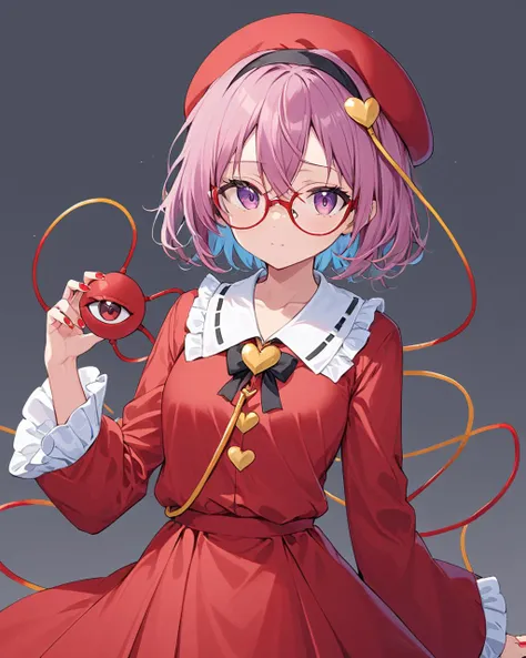 komeiji satori,1girl, solo, long_sleeves, third_eye, looking_at_viewer, red_dress, red_headwear, bespectacled, simple_background, beret, black_hairband, alternate_costume, heart_button, cowboy_shot, bow, heart_hair_ornament, shirt, black_ribbon, closed_mouth, hand_up, grey_background, frilled_shirt_collar, red_nails, red-framed_eyewear, expressionless, skirt, under-rim_eyewear
<lora:komeiji_satori_image6571_2023-12-17-000006:1>,star-shaped_pupils,symbol-shaped_pupils,. gorgeous,key visual, vibrant, studio anime,award-winning, professional, highly detailed,high budget, cinemascope