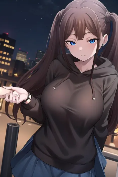 tsubamentr, <lora:tsubamentr-lora-nochekaiser:1>,
tsubame ntr, long hair, blue eyes, brown hair, twintails, (large breasts:1.2), smile,
BREAK long sleeves, jewelry, pantyhose, earrings, hood, black pantyhose, hoodie, hood down, ear piercing, watch, blue hoodie,
BREAK outdoors, city, night, sky, star \(sky\),
BREAK looking at viewer, (cowboy shot:1.5),
BREAK <lyco:GoodHands-beta2:1>, (masterpiece:1.2), best quality, high resolution, unity 8k wallpaper, (illustration:0.8), (beautiful detailed eyes:1.6), extremely detailed face, perfect lighting, extremely detailed CG, (perfect hands, perfect anatomy),