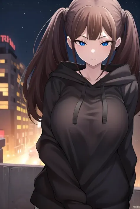 tsubamentr, <lora:tsubamentr-lora-nochekaiser:1>,
tsubame ntr, long hair, blue eyes, brown hair, twintails, (large breasts:1.2), smile,
BREAK long sleeves, jewelry, pantyhose, earrings, hood, black pantyhose, hoodie, hood down, ear piercing, watch, blue hoodie,
BREAK outdoors, city, night, sky, star \(sky\),
BREAK looking at viewer, (cowboy shot:1.5),
BREAK <lyco:GoodHands-beta2:1>, (masterpiece:1.2), best quality, high resolution, unity 8k wallpaper, (illustration:0.8), (beautiful detailed eyes:1.6), extremely detailed face, perfect lighting, extremely detailed CG, (perfect hands, perfect anatomy),