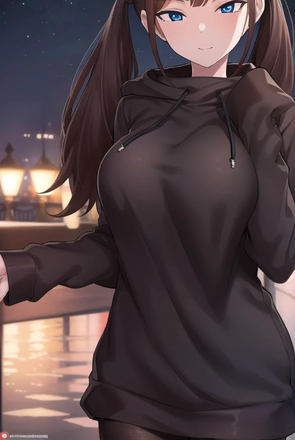 tsubamentr, <lora:tsubamentr-lora-nochekaiser:1>,
tsubame ntr, long hair, blue eyes, brown hair, twintails, (large breasts:1.2), smile,
BREAK long sleeves, jewelry, pantyhose, earrings, hood, black pantyhose, hoodie, hood down, ear piercing, watch, blue hoodie,
BREAK outdoors, city, night, sky, star \(sky\),
BREAK looking at viewer, (cowboy shot:1.5),
BREAK <lyco:GoodHands-beta2:1>, (masterpiece:1.2), best quality, high resolution, unity 8k wallpaper, (illustration:0.8), (beautiful detailed eyes:1.6), extremely detailed face, perfect lighting, extremely detailed CG, (perfect hands, perfect anatomy),