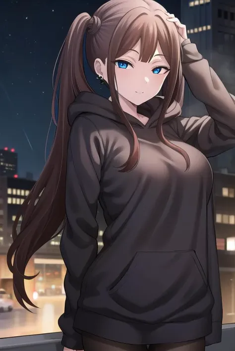 tsubamentr, <lora:tsubamentr-lora-nochekaiser:1>,
tsubame ntr, long hair, blue eyes, brown hair, twintails, (large breasts:1.2), smile,
BREAK long sleeves, jewelry, pantyhose, earrings, hood, black pantyhose, hoodie, hood down, ear piercing, watch, blue hoodie,
BREAK outdoors, city, night, sky, star \(sky\),
BREAK looking at viewer, (cowboy shot:1.5),
BREAK <lyco:GoodHands-beta2:1>, (masterpiece:1.2), best quality, high resolution, unity 8k wallpaper, (illustration:0.8), (beautiful detailed eyes:1.6), extremely detailed face, perfect lighting, extremely detailed CG, (perfect hands, perfect anatomy),