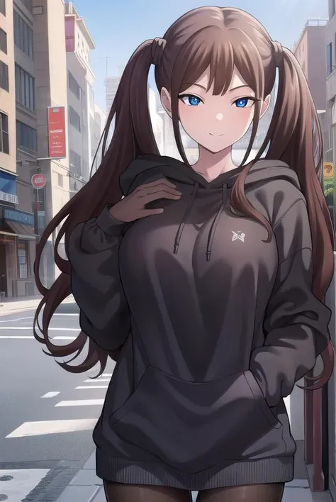 tsubamentr, <lora:tsubamentr-lora-nochekaiser:1>,
tsubame ntr, long hair, blue eyes, brown hair, twintails, (large breasts:1.2), smile,
BREAK long sleeves, jewelry, pantyhose, earrings, hood, black pantyhose, hoodie, hood down, ear piercing, watch, blue hoodie,
BREAK outdoors, city,
BREAK looking at viewer, (cowboy shot:1.5),
BREAK <lyco:GoodHands-beta2:1>, (masterpiece:1.2), best quality, high resolution, unity 8k wallpaper, (illustration:0.8), (beautiful detailed eyes:1.6), extremely detailed face, perfect lighting, extremely detailed CG, (perfect hands, perfect anatomy),